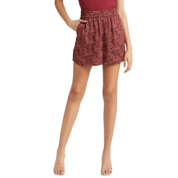 Open Edit Satin Pull On Printed Shorts Red Grape Eclipse Geo Sz XS NWOT $49 MSRP - Picture 1 of 8